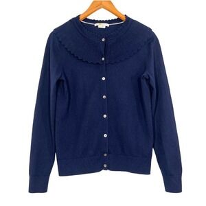 Boden Navy Scallop Peter Pan Collar Cardigan Sz 8 Cotton Wool Button Front